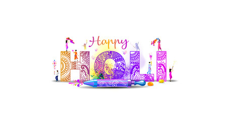 Fototapeta na wymiar Indian Holi festival. Traditional Greeting card background. Happy Holi text. Color splash fun and floral design. Banner poster Template.