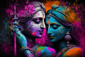 Hindu mythological couple Krishna and Radha in Holi festival concept. Generative AI - obrazy, fototapety, plakaty