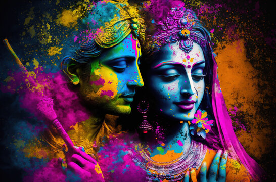 Hindu mythological couple Krishna and Radha in Holi festival concept. Generative AI