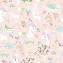 Seamless Pattern with Little Dragons, Magic Unicorns and Flowers on Pink Background