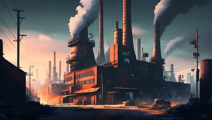 The city's environment is polluted with factory smoke. Generative AI.