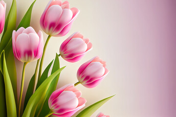 Close-up photo of fresh white tulips isolated on pink background. Copy space, horizontal orientation. Beautiful flowers. Generative Ai