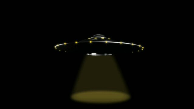 Animation UFO and Alien with yellow light on black background.