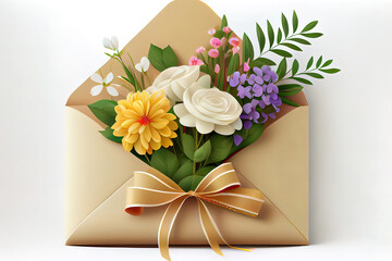 Attractive Envelope with flowers and 8 made of ribbon on white background. Generative Ai
