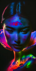 illustration of fashion model wearing an aoutfit inspired in flowers under the ultraviolet light.jpeg