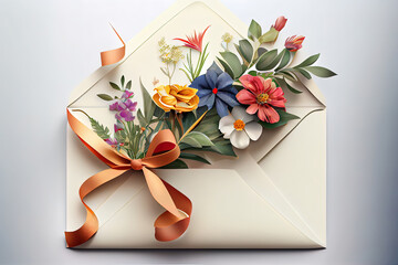 Gerbera flower in envelope on table. Generative Ai