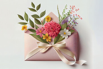 Wonderful Envelope with flowers and 8 made of ribbon on white background. Generative Ai