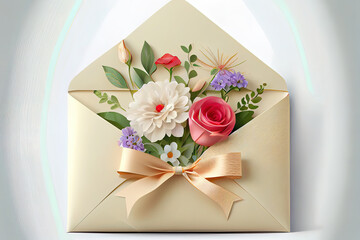 Wonderful Envelope with flowers and 8 made of ribbon on white background. Generative Ai