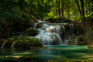 Deep forest waterfall in Thailand.Erawan waterfall National Park Kanjanaburi Thailand.