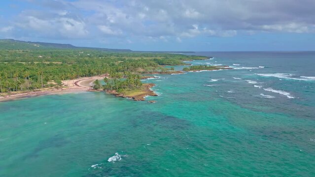 Los Coquitos beach and coast, Cabrera in Dominican Republic. Aerial drone panoramic view