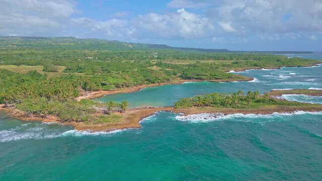 Los Coquitos beach and coast, Cabrera in Dominican Republic. Aerial forward