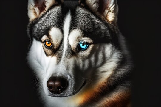 Black-and-white picture of a Siberian husky with a rainbow of eye colors. Generative AI