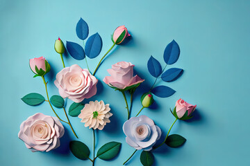 Waffle cone with bouquet of beautiful roses on blue background. Creative spring flowers. Copy space - Valentines day, 8 March, Mother day and Women's Day. Generative Ai