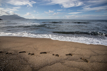 Beach, wave and footprints at sunset time