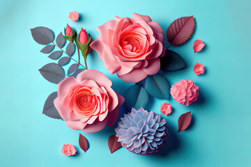 Excellent Flowers composition. Rose flowers on blue background. Valentines day, mothers day, womens day concept. Generative Ai