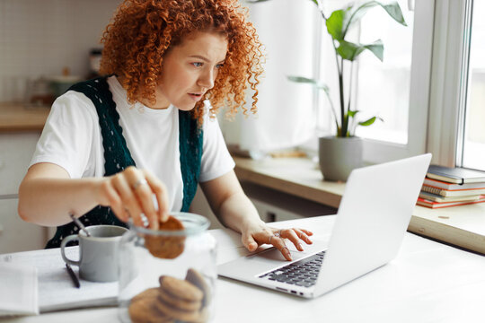 Portrait of busy female project manager working from home at kitchen table eating cookies unconsciously taking one by one from transparent jar, scrolling on laptop, looking at screen attentively