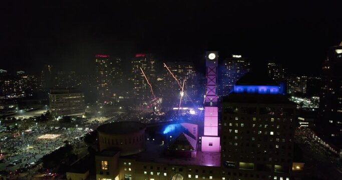 Backside View of Mississauga City Hall as Fireworks start on Canada Day