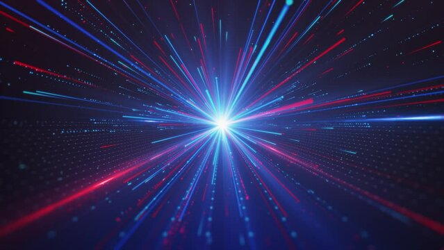 Blue Ray Stripes Emission, Blue and red particle line shuttle, particle stripe emission, blue technology line, blue grid line background video.