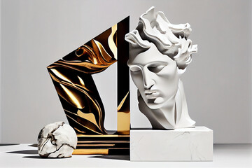 A sculpture of a woman's head is surrounded by gold leaves