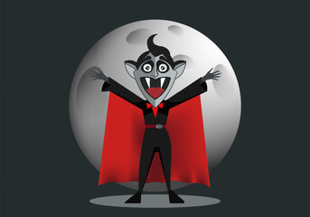 Vector cartoon funny Count Dracula with big head and fangs, red cape and outstretched arms on the background of the moon.