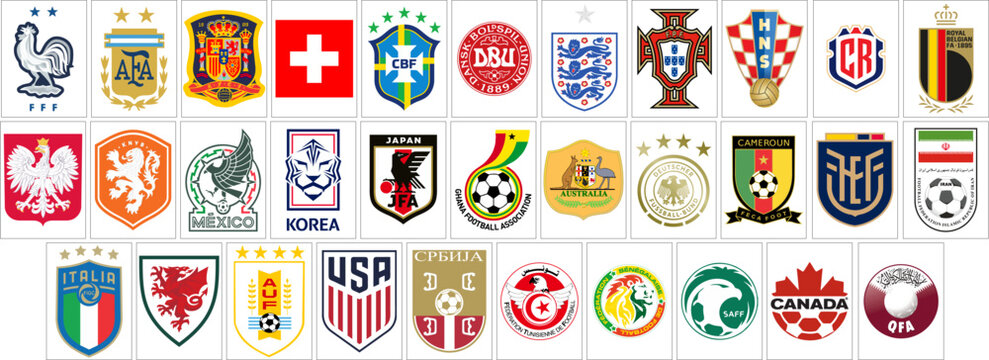 collection of international football teams logos all over the world : Argentina, Brazil, Portugal, USA, England, Spain, France, Wales, Iran, Japan, Germany, England, Japan, Croatia, Denmark,  Mexico 