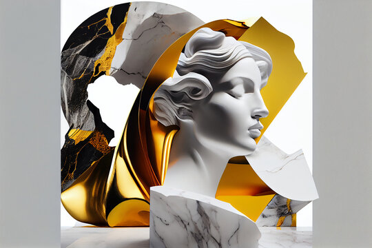 A marble sculpture of a head with gold leaf on it Generative ai