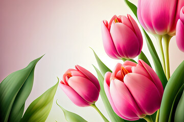 Pink tulips with white petals on the yellow background with green leaves. Generative Ai