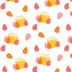 Seamless Easter pattern with Easter cake and eggs. Vector illustration. Flat style. Easter print.