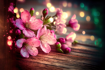 Pink Blossoms On Wooden With Bokeh Lights. Generative Ai