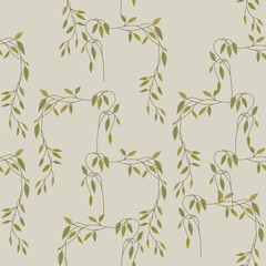 Seamless floral pattern with tree branches. Delicate vines with green leaves on white background.