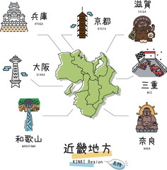 日本の近畿地方の名物観光とマップ、アイコンのセット（線画） - obrazy, fototapety, plakaty