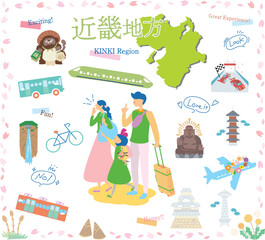 日本の近畿地方の春の名物観光を楽しむ三人家族、アイコンのセット（フラット）