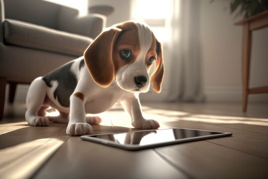 Cute puppy (Beagle) dog playing tablet on floor of domestic room,closeup, depth of filed, Pet and technology concept, Generative AI