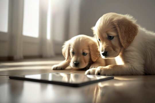 Cute puppy (golden retriever) dog playing tablet on floor of domestic room,closeup, depth of filed, Pet and technology concept, Generative AI