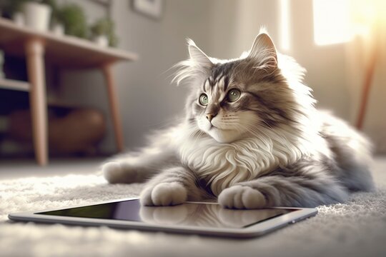 fluffy adorable cute kitten cat playing tablet on floor of domestic room,closeup, depth of filed, Pet and technology concept, Generative AI