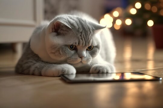 fluffy adorable cute kitten cat playing tablet on floor of domestic room, closeup, depth of filed, Pet and technology concept, Generative AI