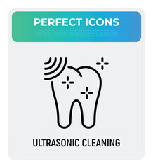 Ultrasonic cleaning thin line icon. Dental hygiene. Shining tooth. Vector illustration.