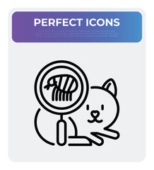 Cat with tick under magnifying glass. Veterinary clinic. Pet parasites. Thin line icon. Vector illustration.