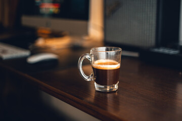 hot coffee on desk at home
