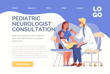 Male neurologist examines female child with injury, concussion, checks reaction of her eyes with flashlight. Little patient on routine medical examination in hospital. Vector illustration Web template