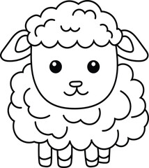 Cute Sheep cartoon. Black and white lines. Coloring page for kids. Activity Book.