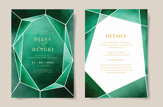 Elegant diamond emerald green watercolor on wedding invitation card template