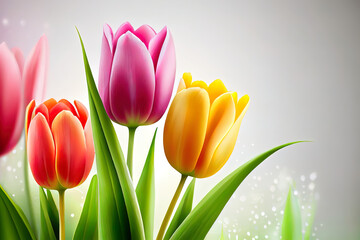 Spring sale banner. Bouquet of red, pink and yellow tulips on a white background. An advertising, selling concept. Generative Ai