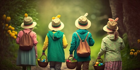 group of children dressed in colorful easter outfits holding easter baskets and searching for eggs, concept of Youthful Exploration and Springtime Fun, created with Generative AI technology