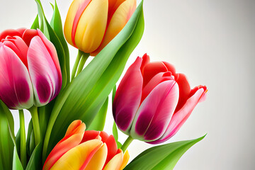 Mothers day colored flowers composition with beautiful pink tulips on white background. Generative Ai