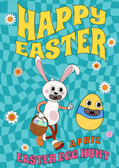 Happy Easter Groovy cartoon poster retro. Funny bunny with egg, Easter egg hunt