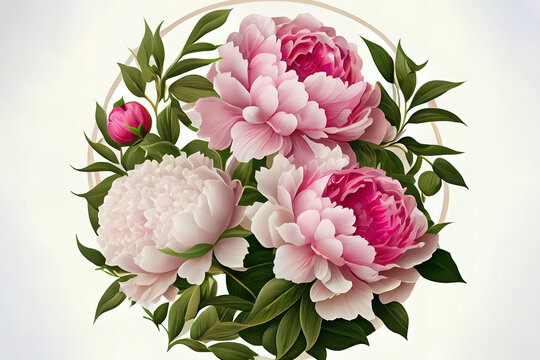 Circle from peonies in the white background, realistic. Generative Ai