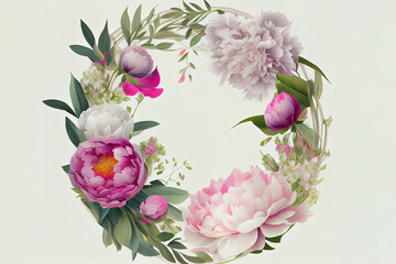 Wonderful Circle from peonies in the white background, realistic. Generative Ai