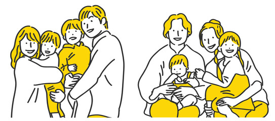 子育て中の2組のファミリーのイラストセット