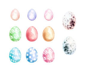 Watercolor set of colorful Easter eggs. Decorative elements isolated on white background. Hand painted illustrations. Spring design for holiday decor, card, poster, invitation, scrapbooking.